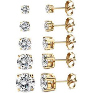 Gold CZ Stud Earrings Set 5 Pairs Round Cubic Zirconia Hypoallergenic Gift